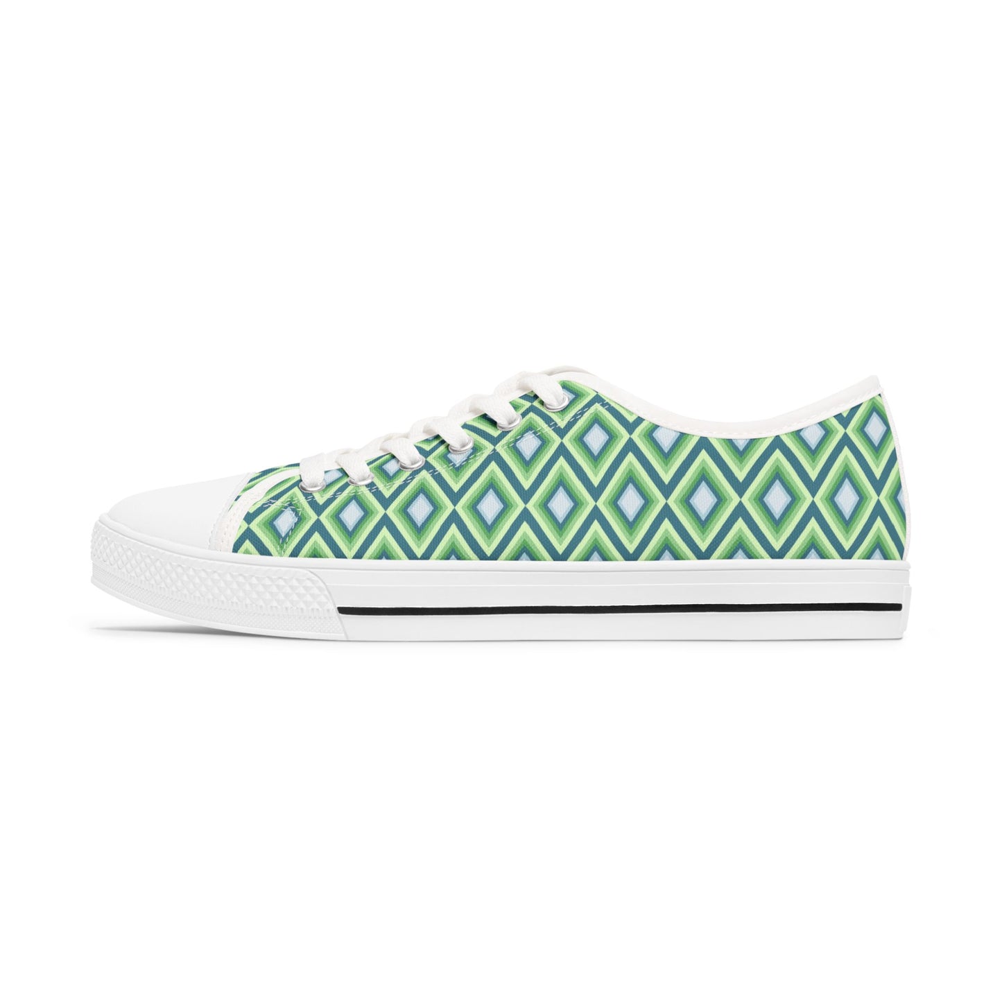 Green Geometric Diamond Pattern Women's Low Top Sneakers — Casual Retro Graphic Tennis Shoes