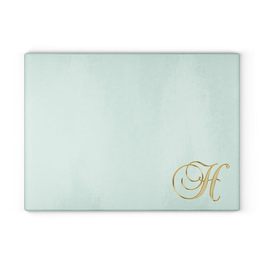 Monogram Glass Cutting Board — Mint with Gold Script "H"