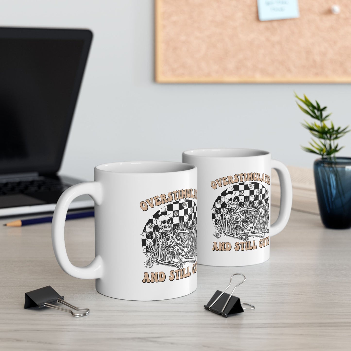 Ceramic Mug — “Overstimulated and Still Cute” Retro Checker Skull Coffee Cup (11oz & 15oz)