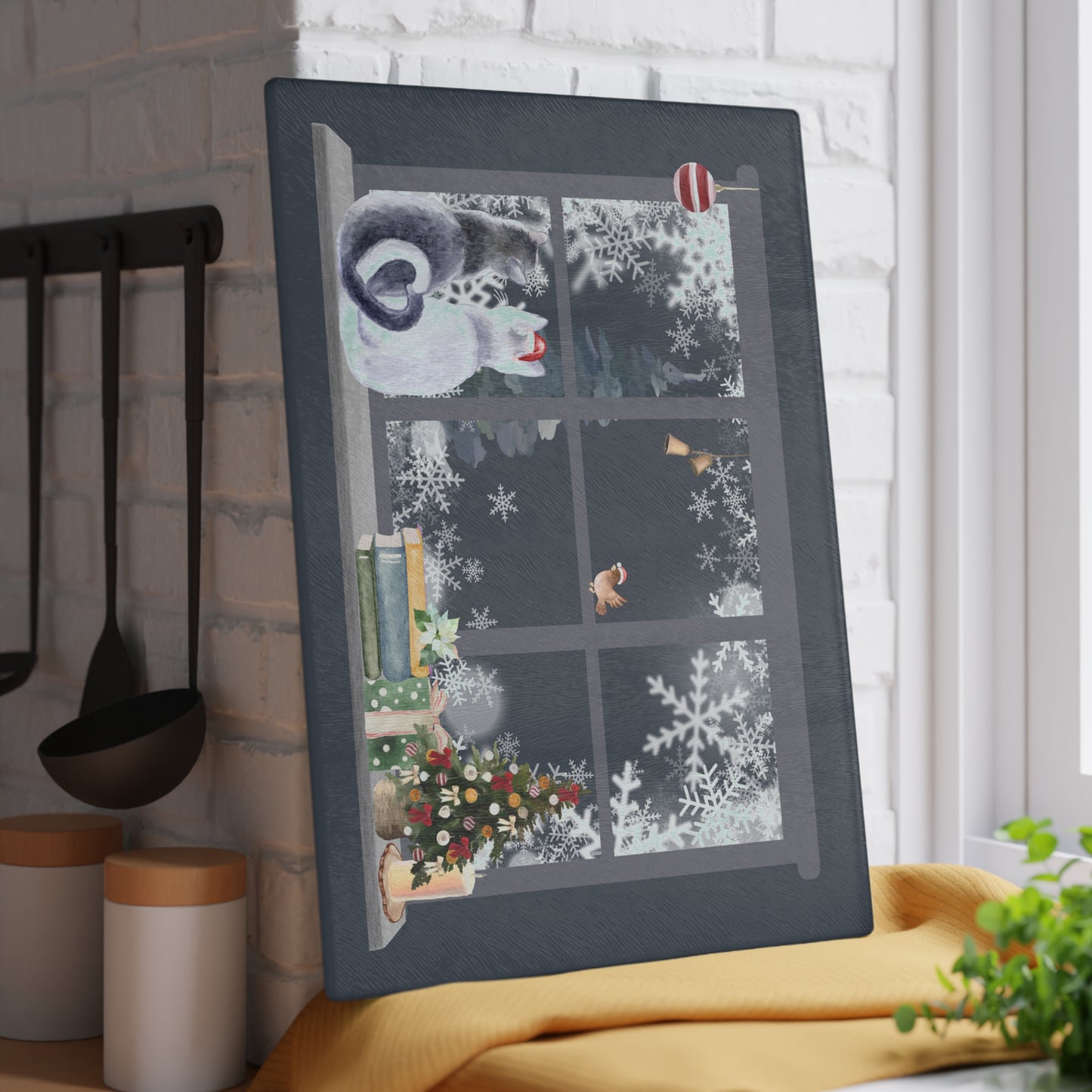 Glass Cutting Board - Cozy Winter Cats by Window Holiday Kitchen Decor
