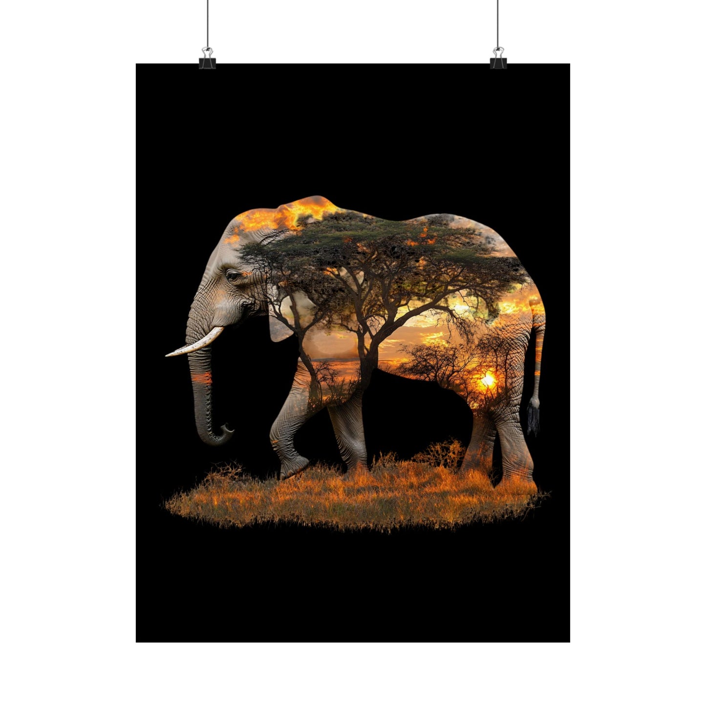 Elephant Sunset Matte Vertical Poster, Wall Art Decor, Animal Lovers Art, Gift for Nature Enthusiasts, Home Decoration