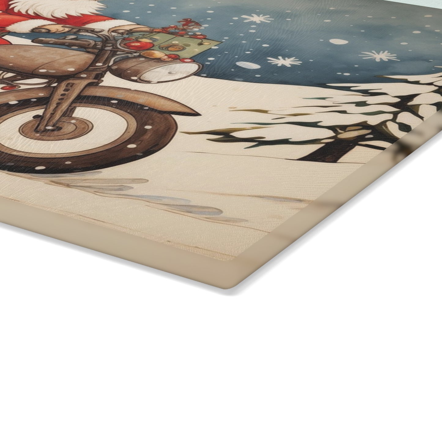Festive Santa Motorcycle Glass Cutting Board, Holiday Kitchen Decor, Christmas Gift, Unique Cookware, Santa Gift Idea