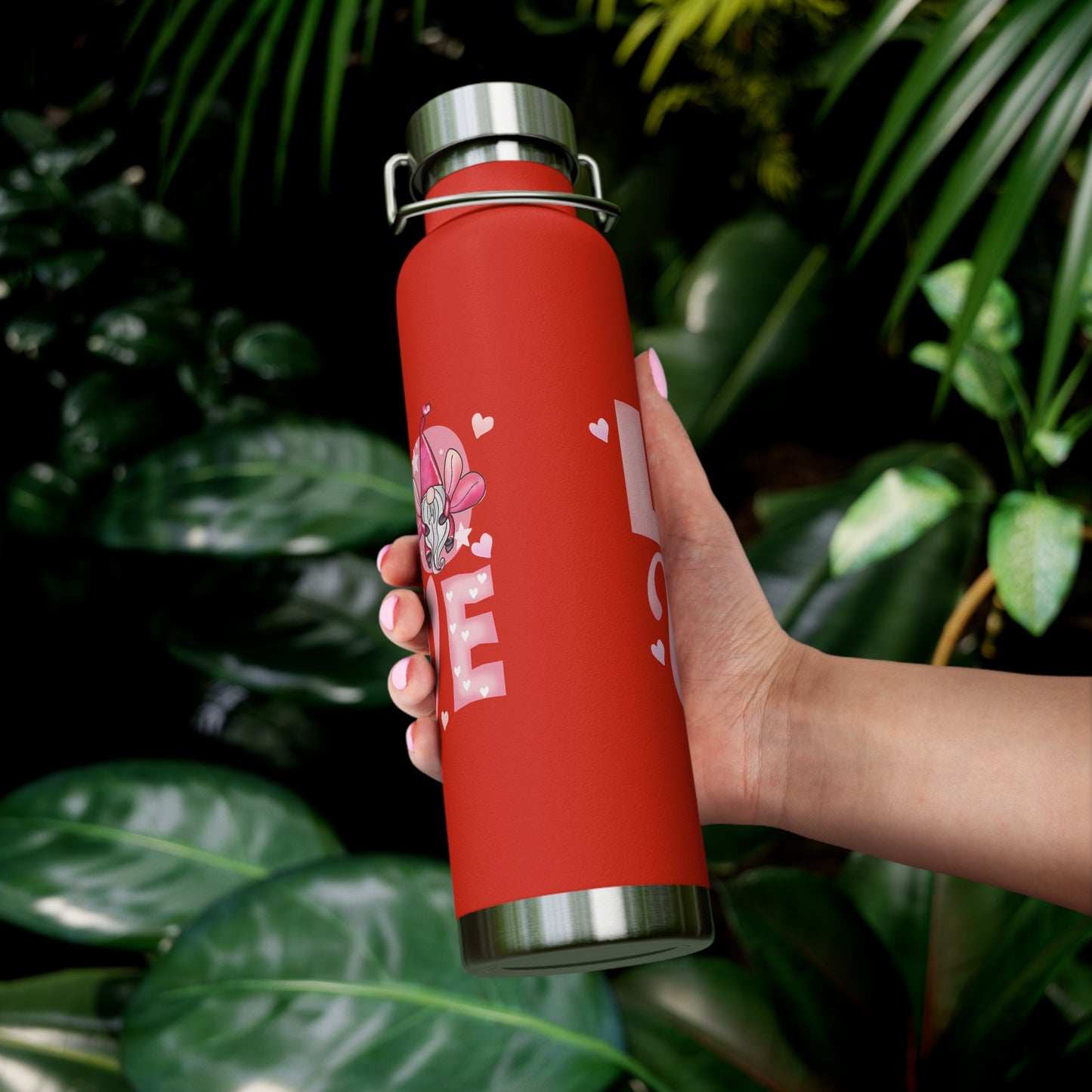 22oz Insulated Bottle — Red 'LOVE' Floral Valentine Water Bottle