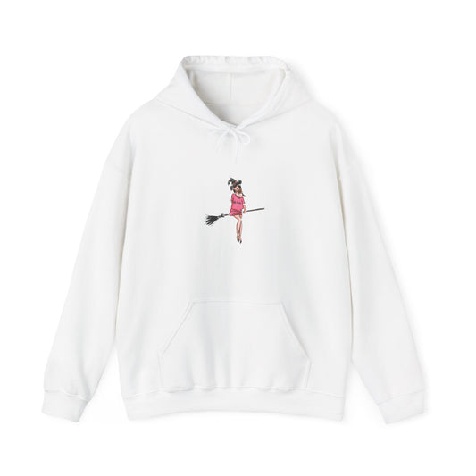Cute Witch on Broom Unisex Hoodie, Cozy Fall Sweatshirt, Halloween Gift, Witchy Apparel, Spooky Season Fashion