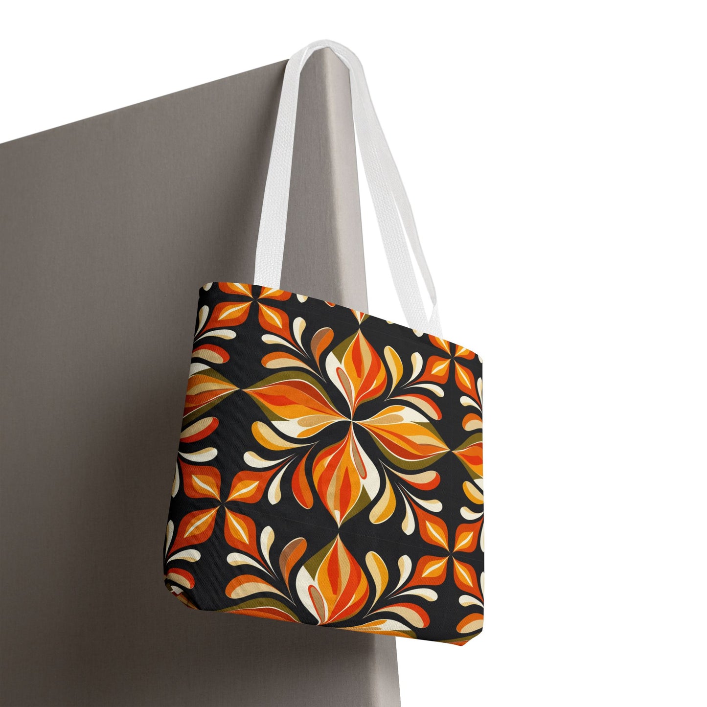 Retro Floral Tote Bag — Orange & Black Boho Pattern