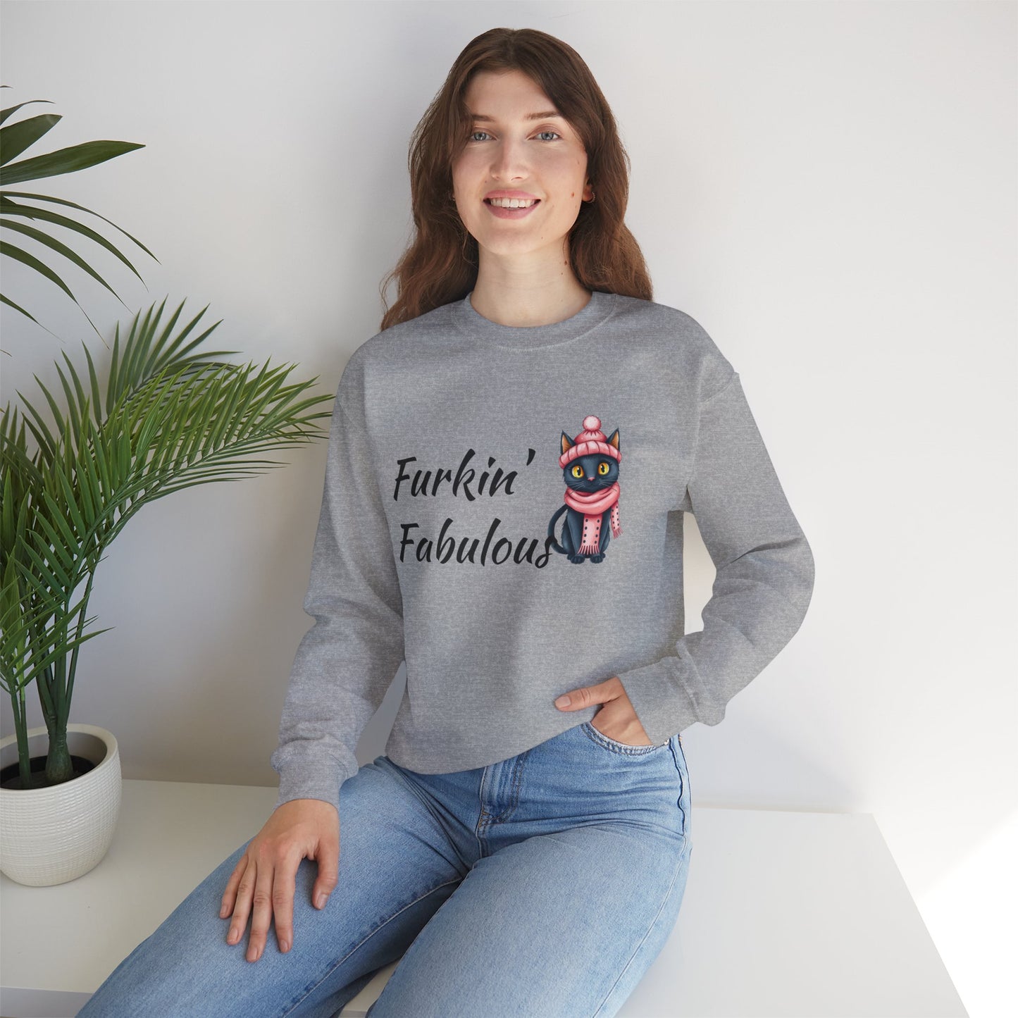 Crewneck Sweatshirt — "Furkin' Fabulous" Cute Black Cat in Pink Hat & Scarf
