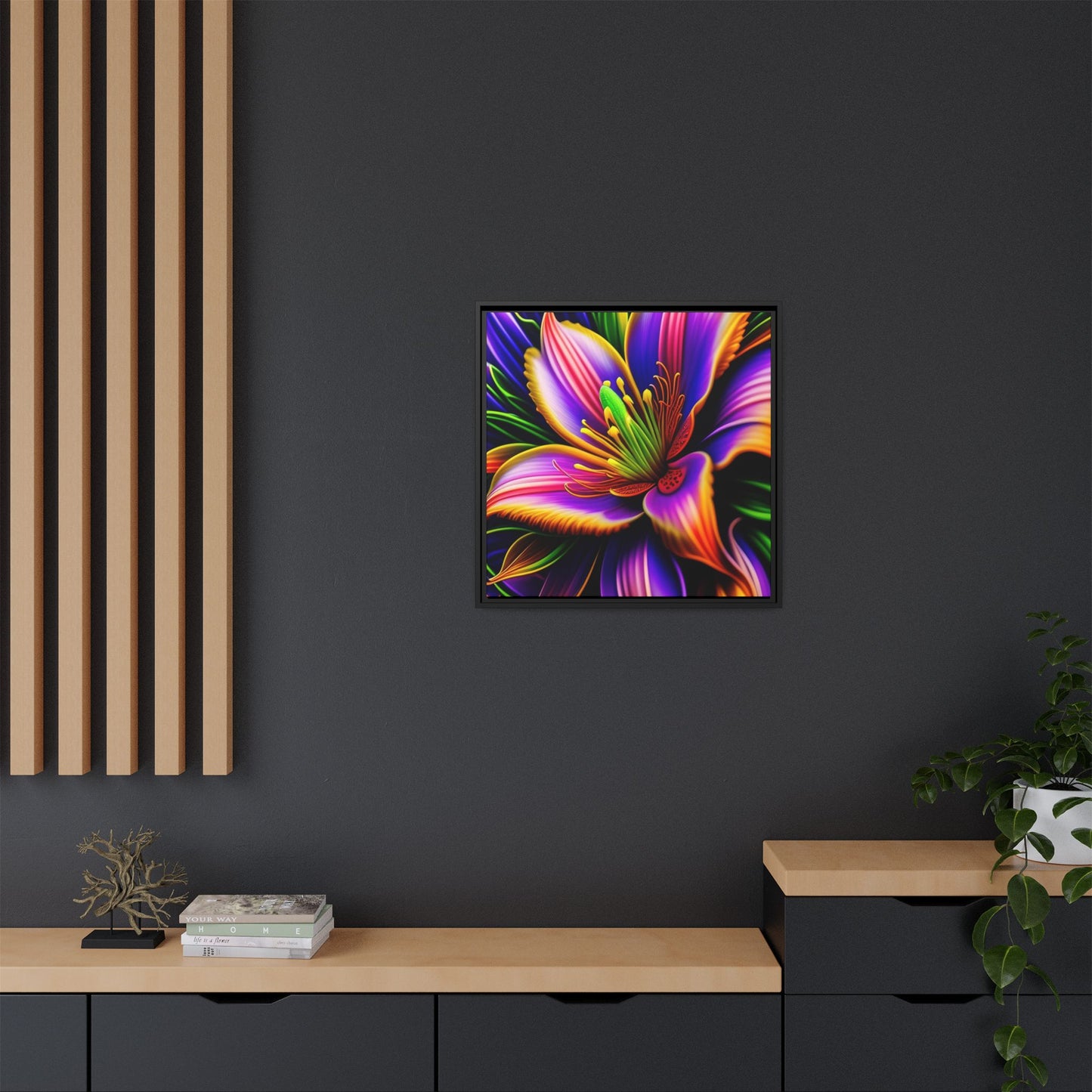 Vibrant Neon Floral Matte Canvas Print — Framed Wall Art