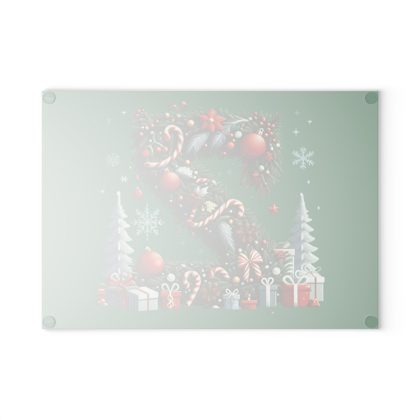 Christmas Wreath 'Z' Glass Cutting Board – Festive Holiday Kitchen Board, Candy Cane & Ornaments Design