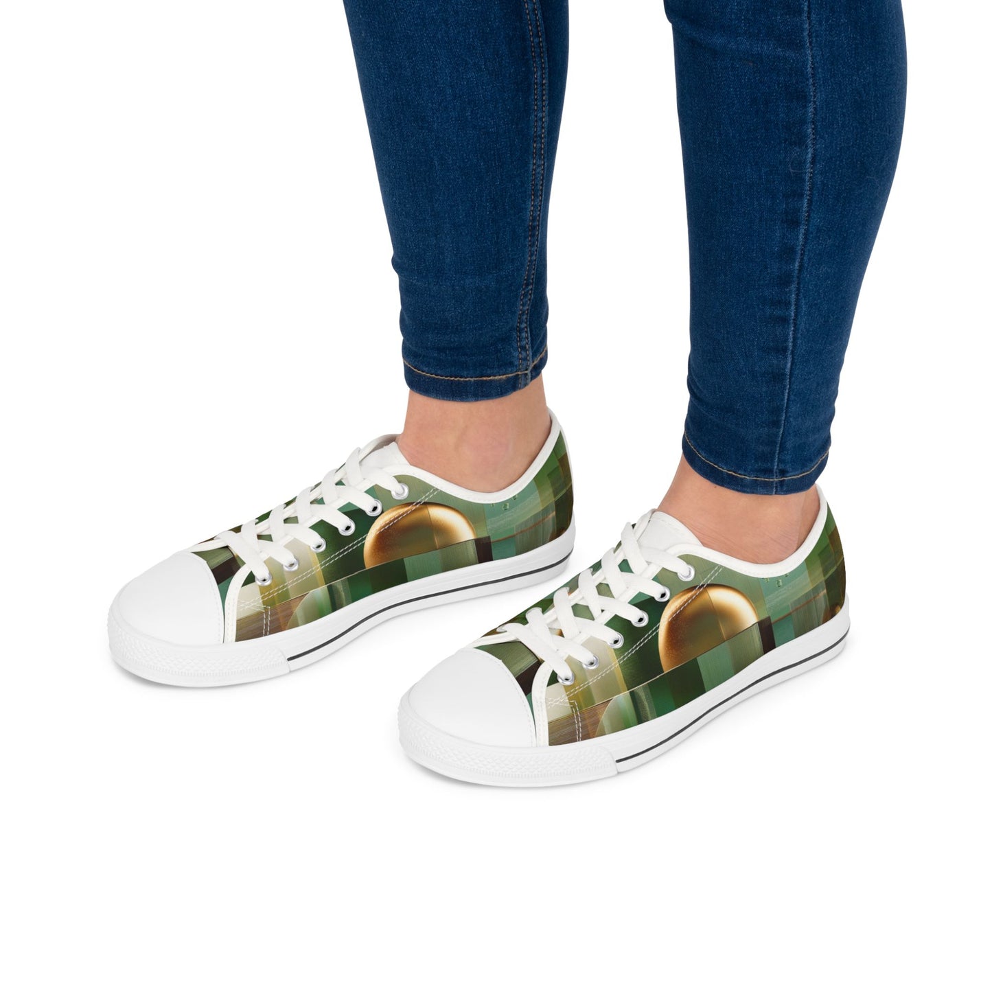 Low Top Sneakers — Green Abstract Geometric with Gold Orb Design