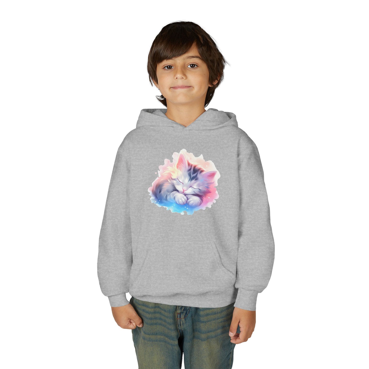Kids' Cozy Rainbow Kitten Hoodie — Cute Sleeping Cat Youth Sweatshirt