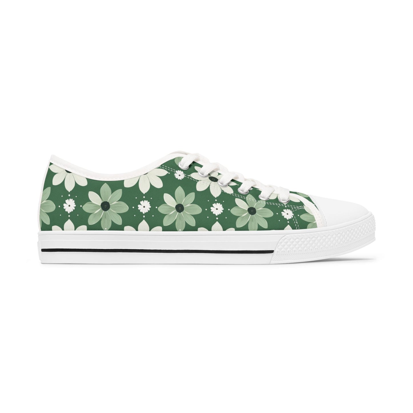 Floral Green Daisy Low Top Sneakers — Casual Garden Print Shoes