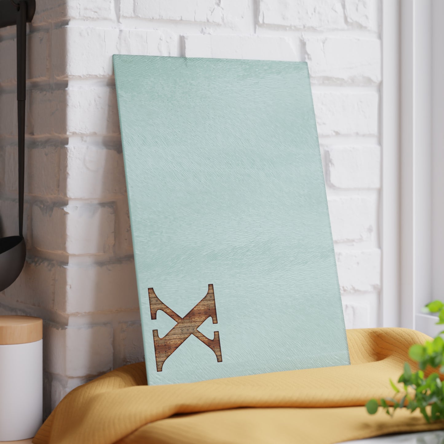 Monogram Glass Cutting Board — Minimal Mint or Clear Glass with Wood 'X' Accent