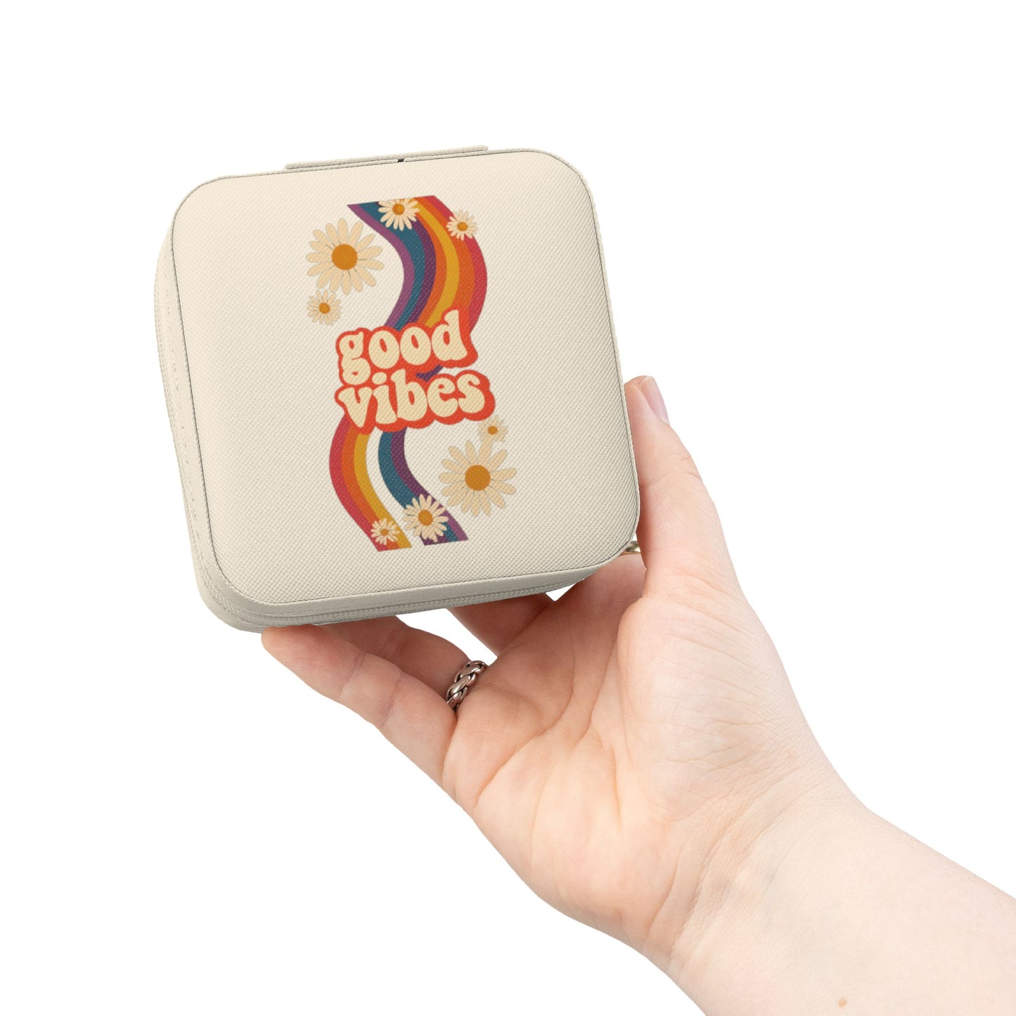 Good Vibes Jewelry Travel Case — Compact Retro Rainbow Daisy Jewelry Organizer