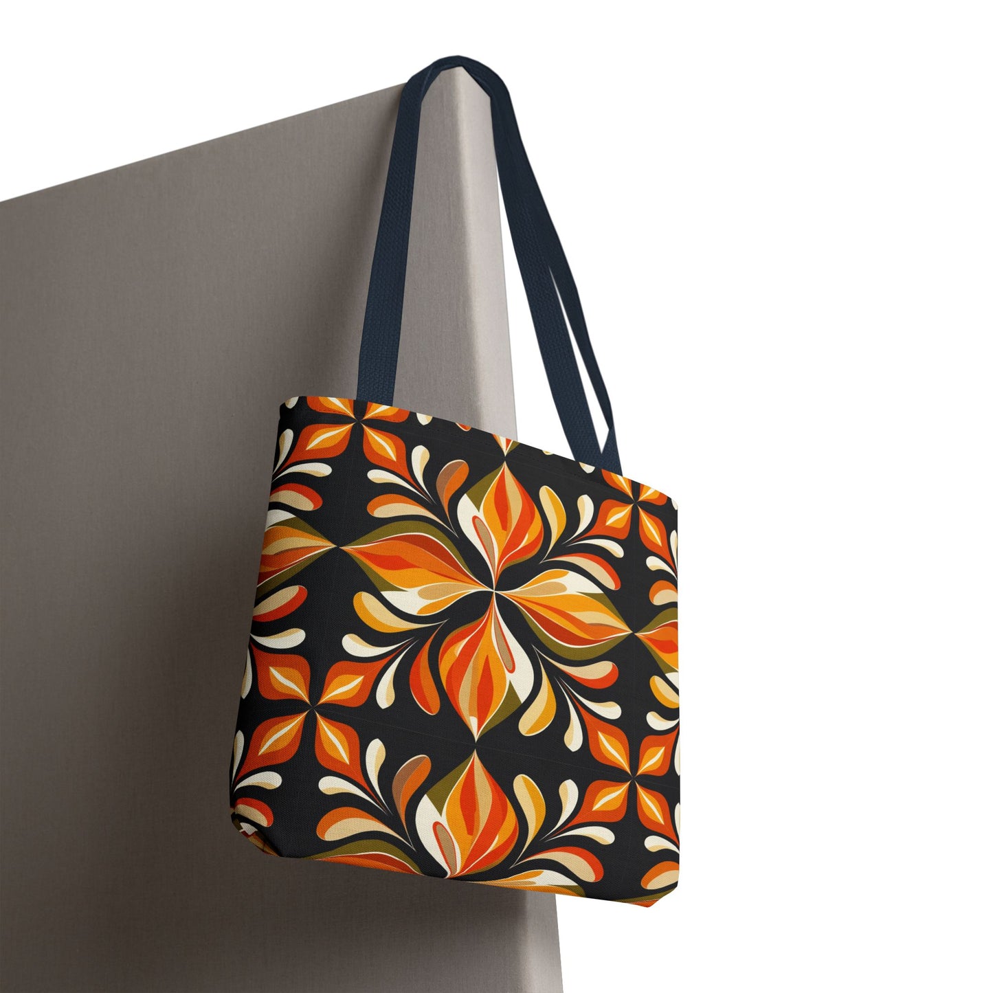 Retro Floral Tote Bag — Orange & Black Boho Pattern