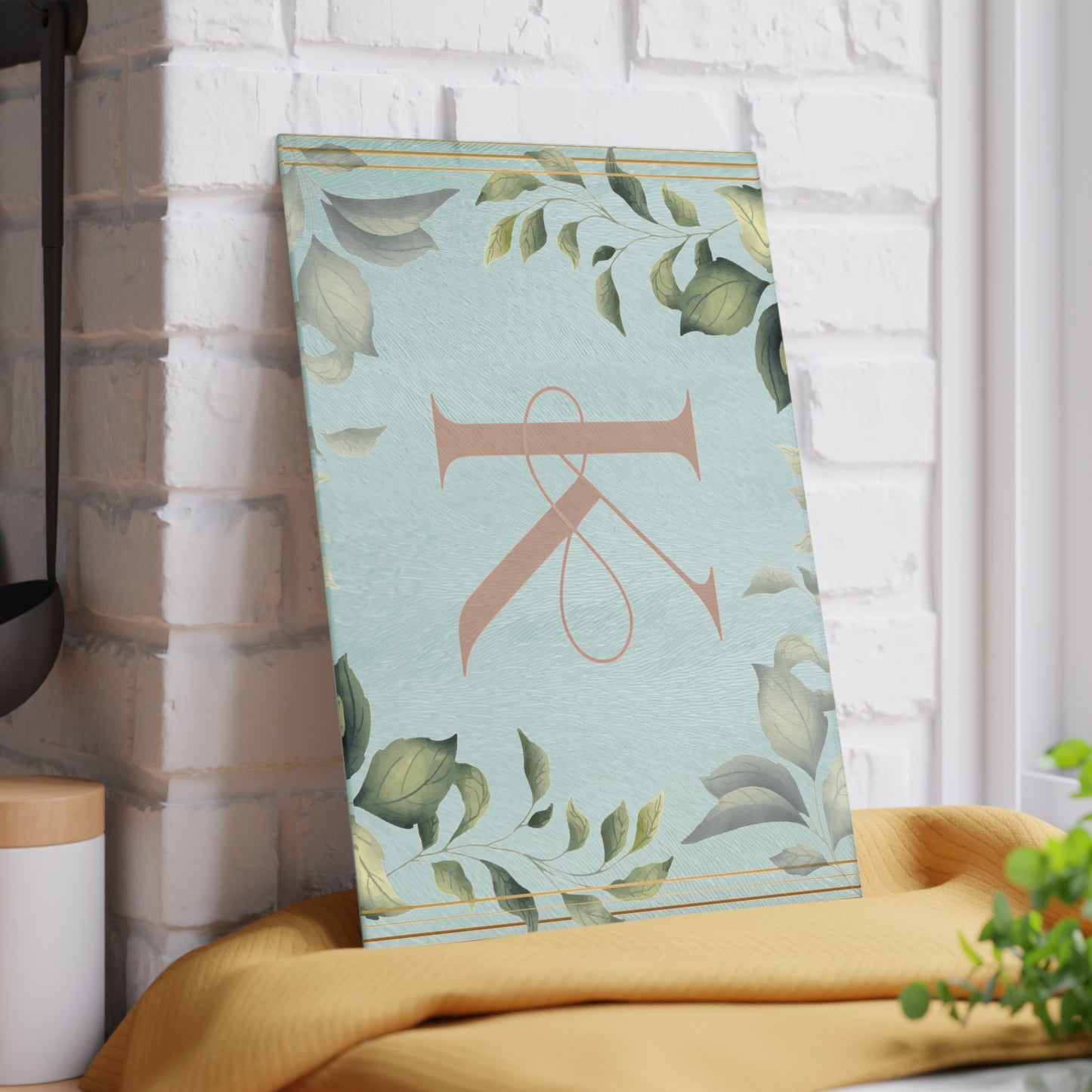 Monogram K Glass Cutting Board — Botanical Greenery Initial Kitchen Serving Board