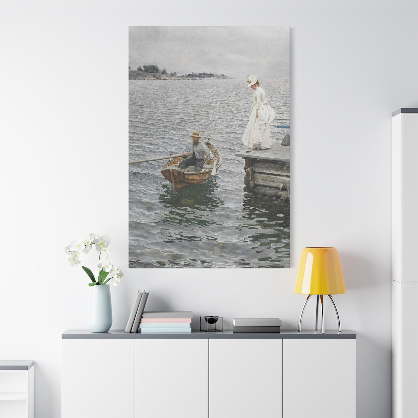 Seaside Stroll Canvas Print — Vintage Woman & Rowboat Matte Stretched Art 1.25"