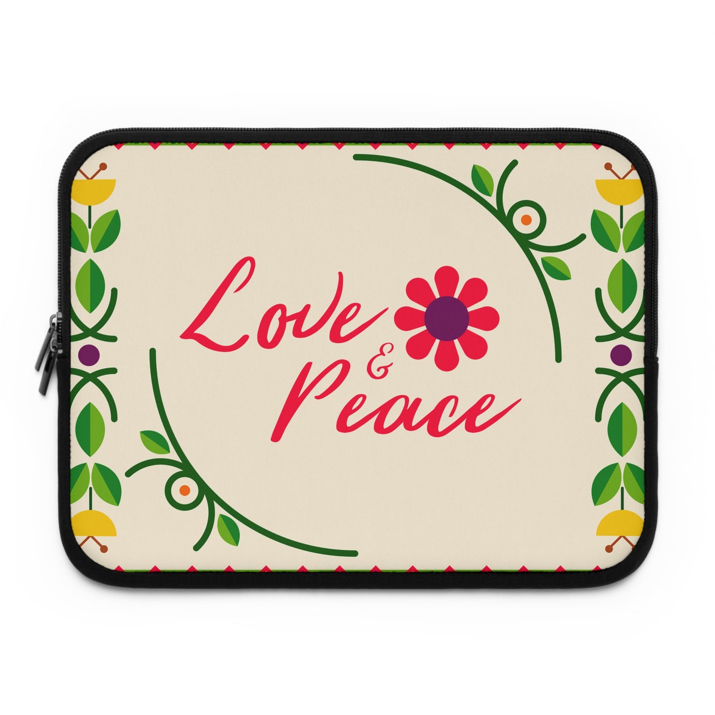 Boho Floral Laptop Sleeve - Love & Peace, Stylish Computer Case, Gift for Students, Eco-Friendly Tech Accessory, Flower Pattern