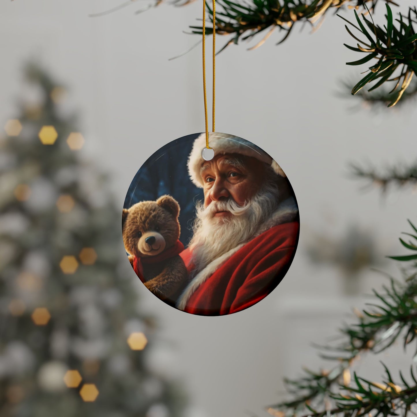 Santa Bear Ceramic Ornaments - 2-Sided Christmas Decor, Holiday Gifts, Tree Decorations, Set of 1, 3, 5, 10