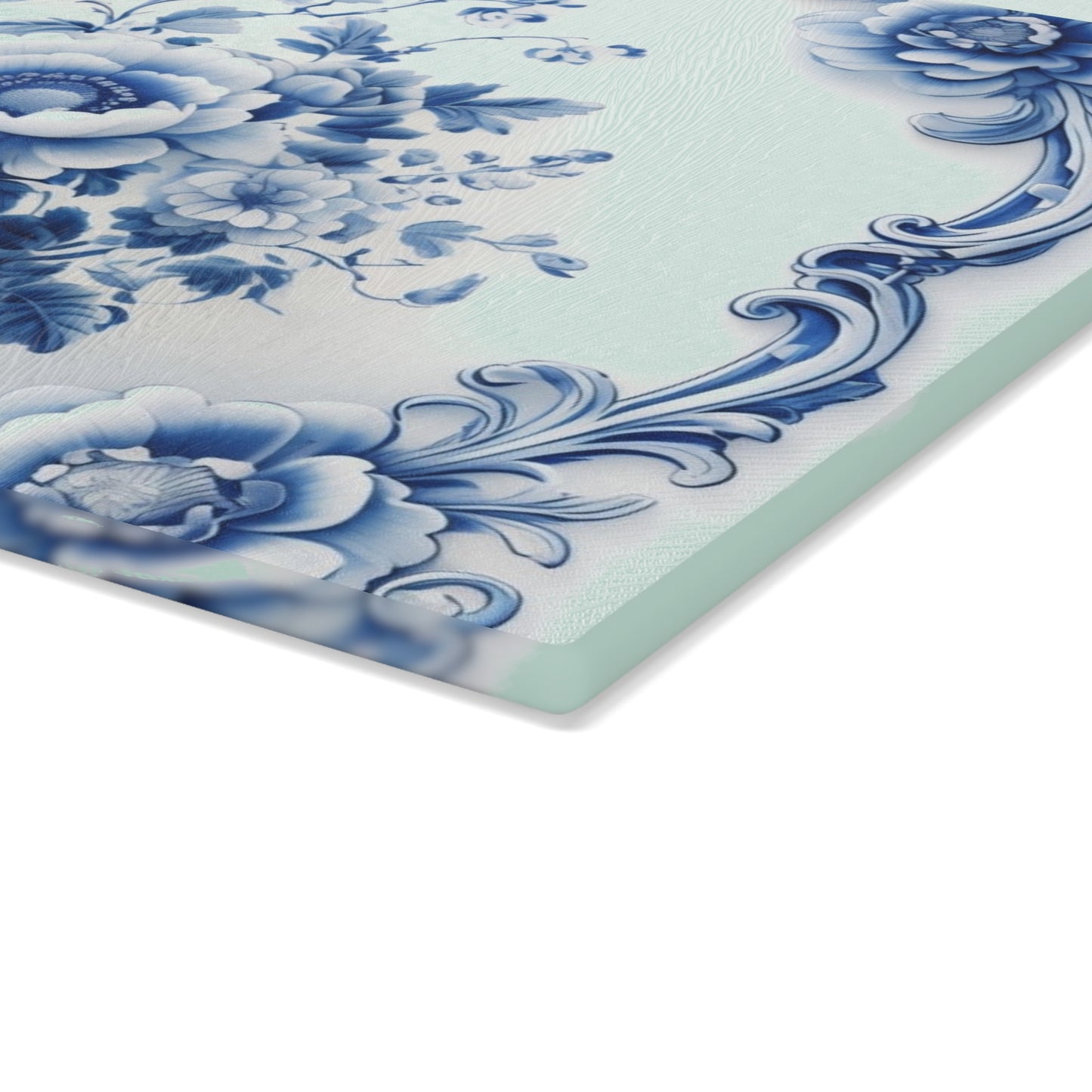 Blue Floral Glass Cutting Board — Vintage Delft-Style Kitchen Serving & Chopping Board