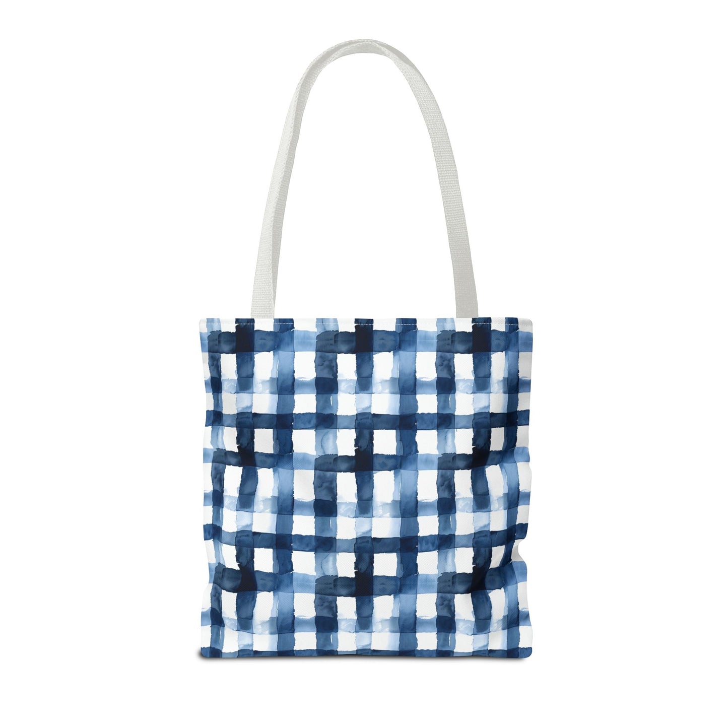 Blue Watercolor Plaid Tote Bag — Navy Check Pattern All-Over Print