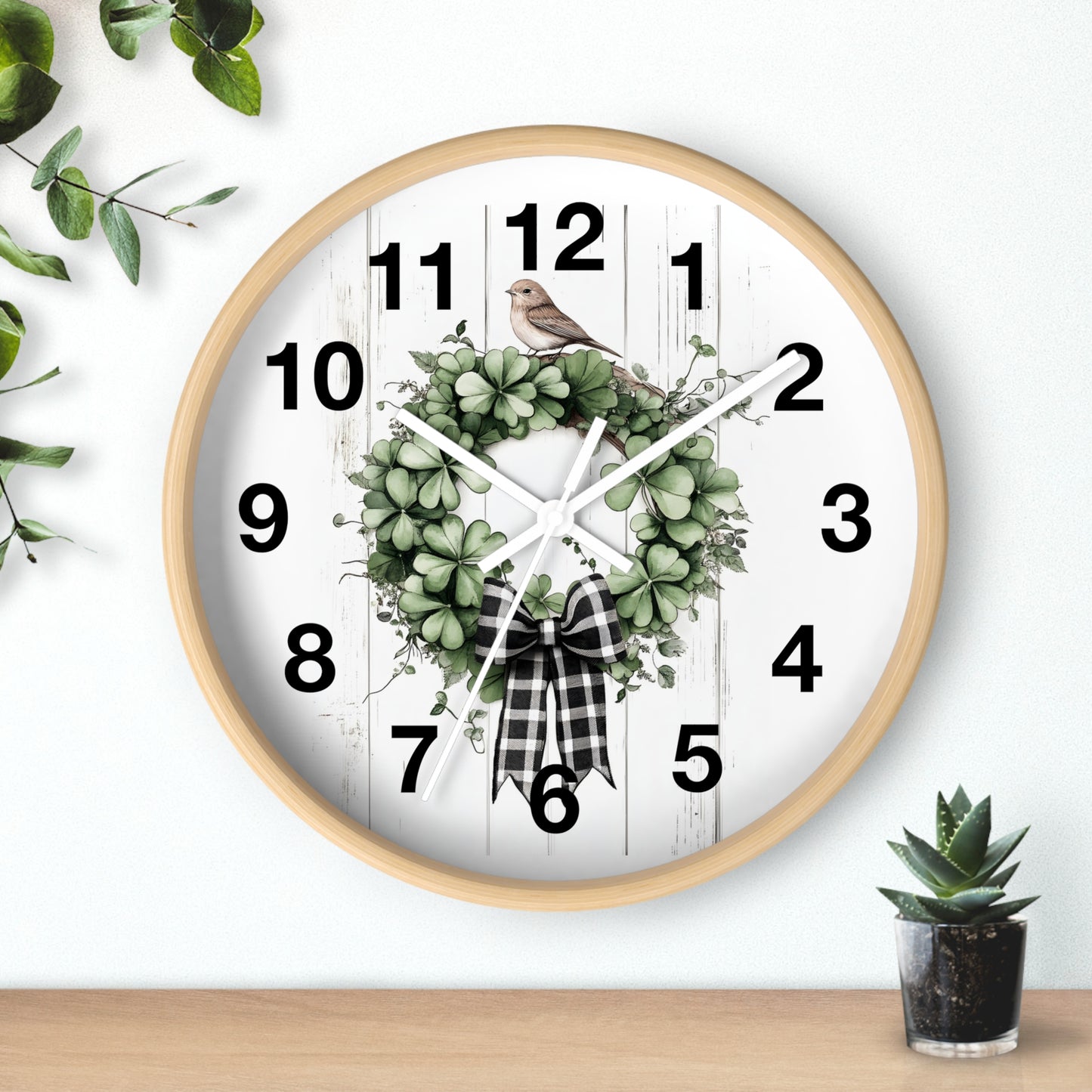 Charming Wreath Wall Clock | Rustic Decor, Bird Lover Gift, Spring Theme, Home Accent, Clovers & Bow