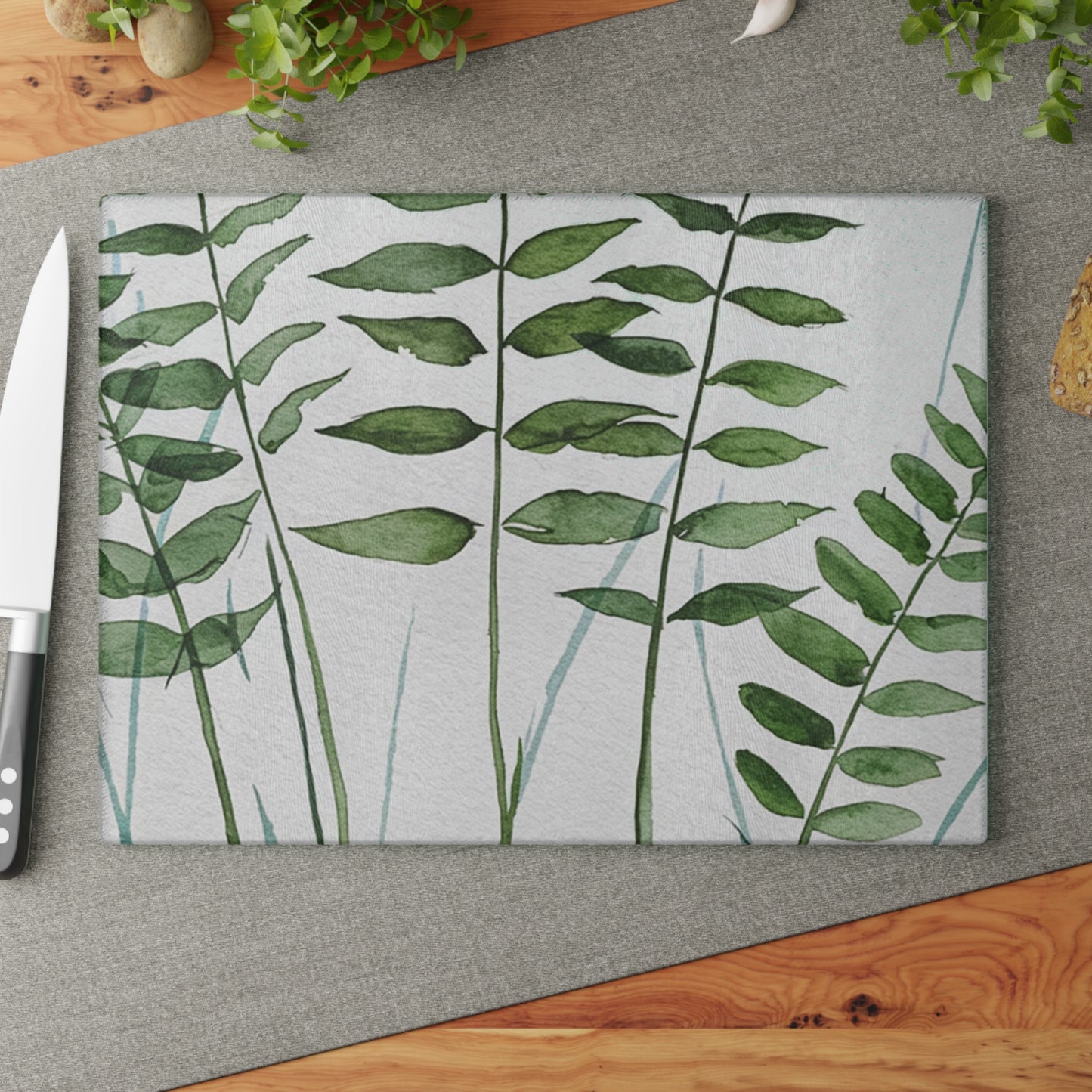 Glass Cutting Board - Green Watercolor Ferns Kitchen Prep Board