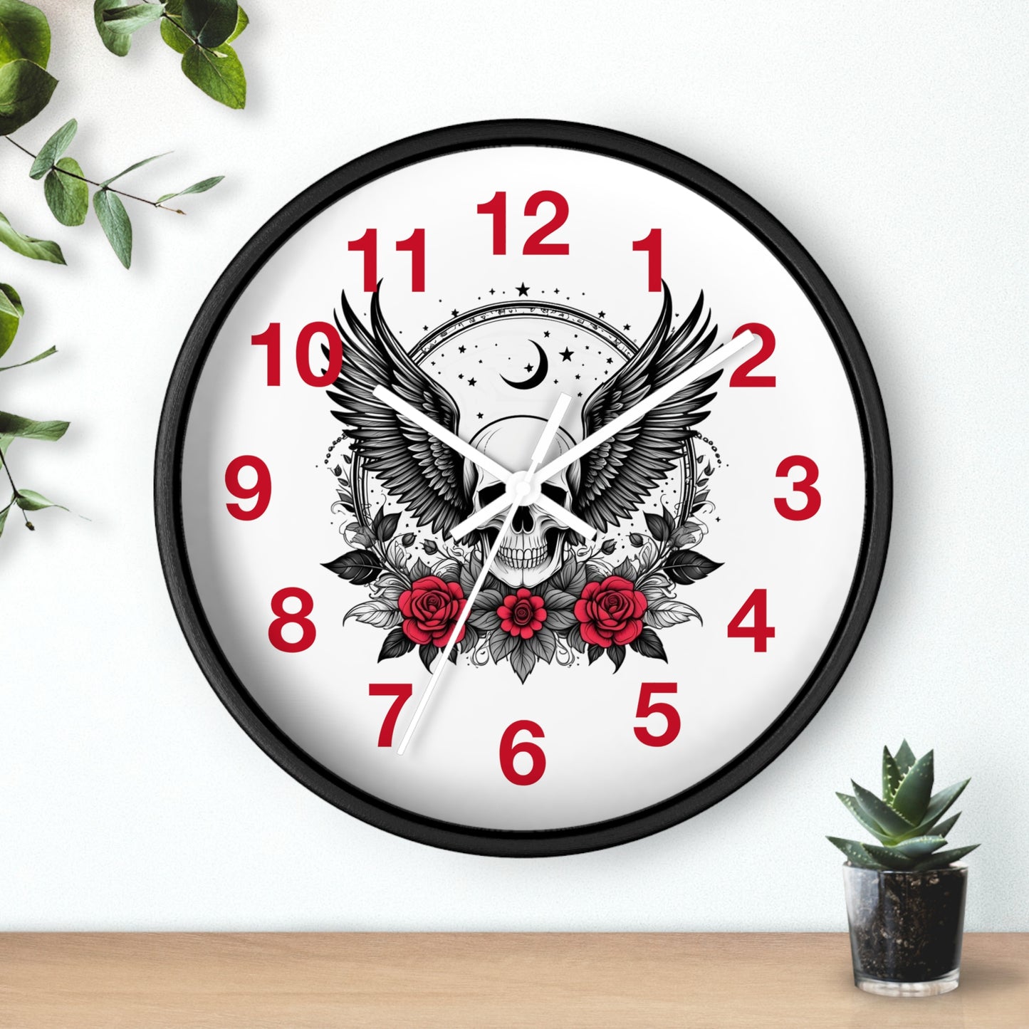 Winged Skull with Red Roses Wall Clock | Gothic Moon Skull Clock