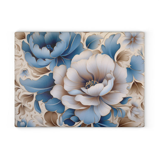 Floral Glass Cutting Board with Elegant Blue Flowers, Kitchen Decor, Wedding Gift, Housewarming Gift, Cooking Accessory