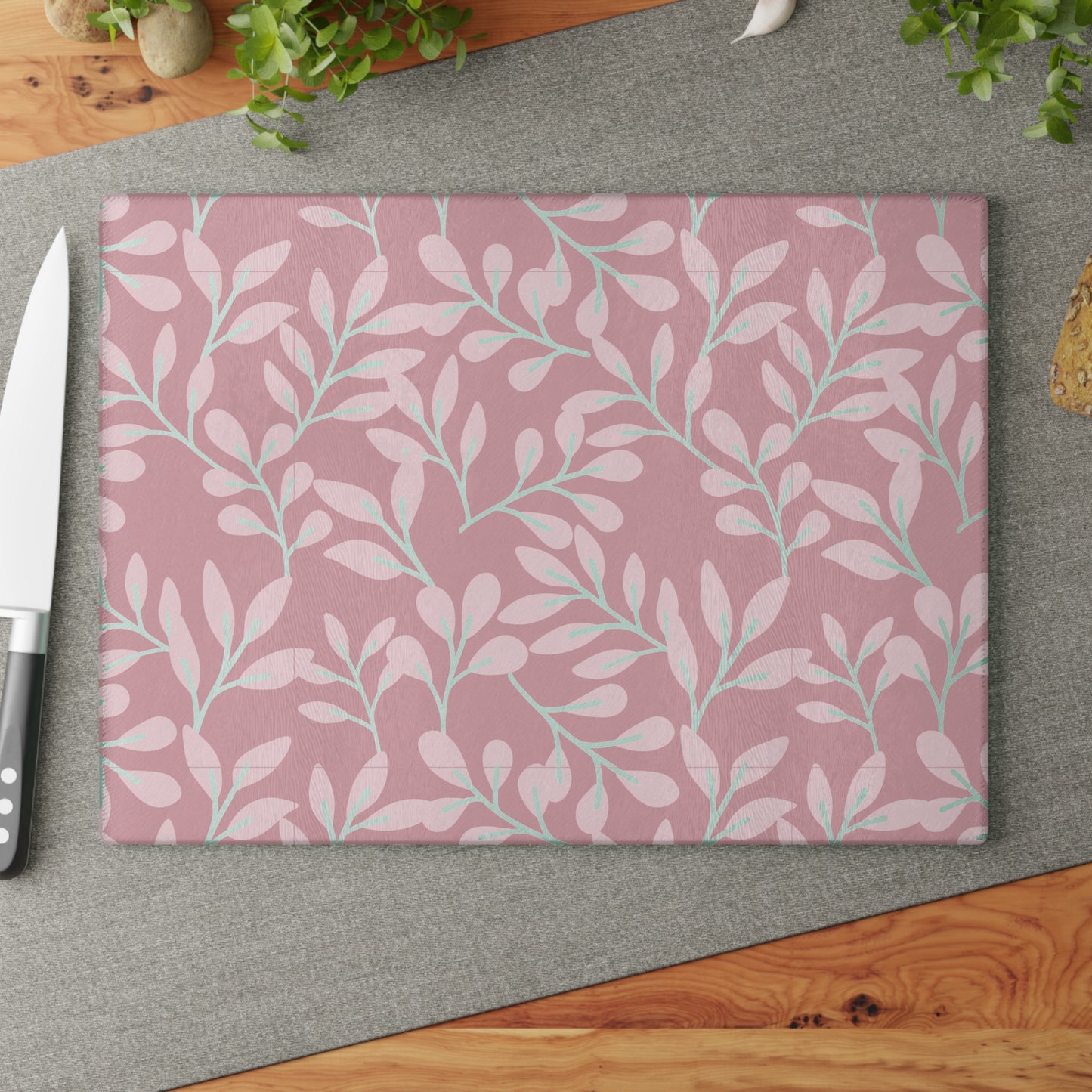 Pink Floral Glass Cutting Board – Pastel Leaf Pattern Kitchen Decor