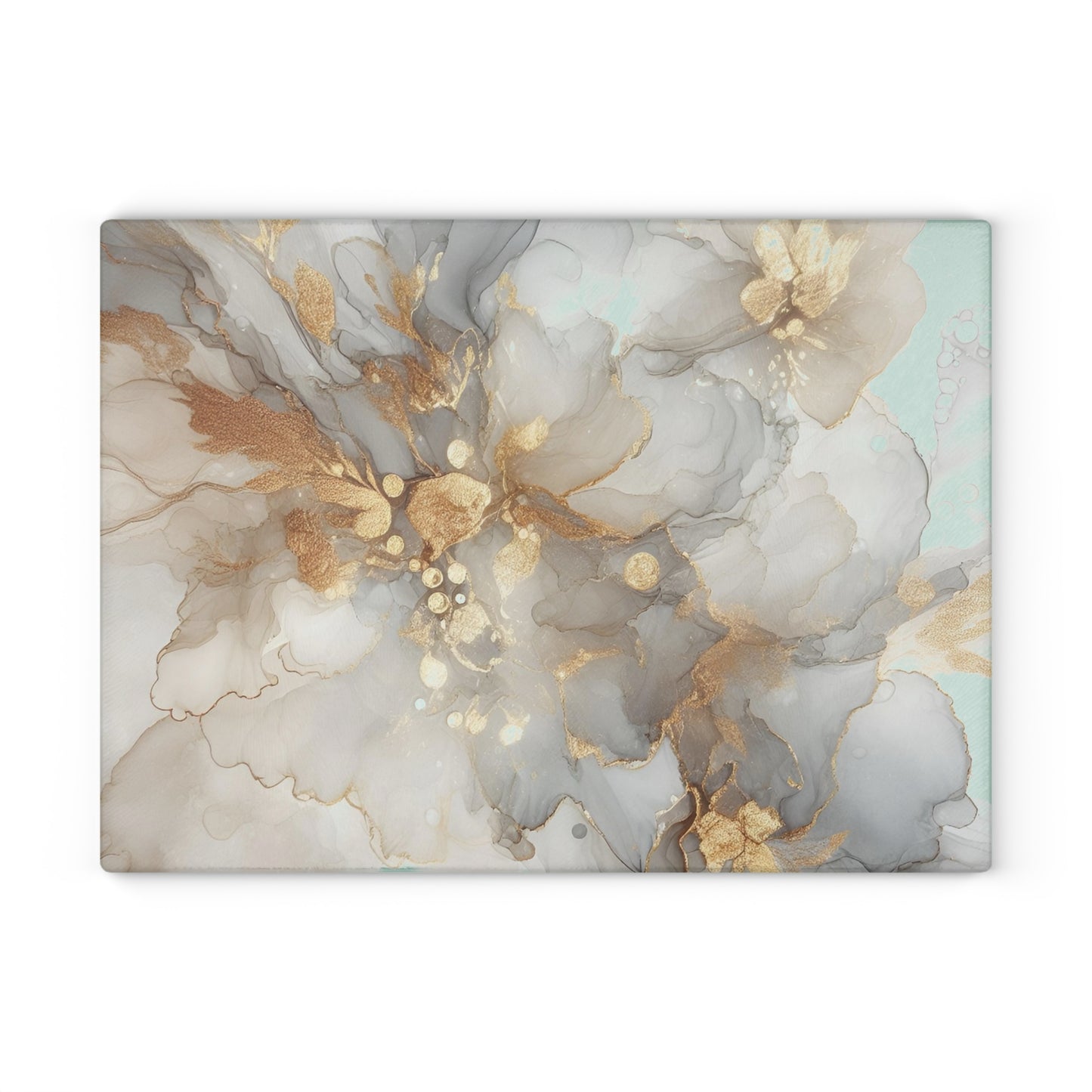 Glass Cutting Board - Elegant Gold & Mint Abstract Floral Tempered Glass Chopping Board