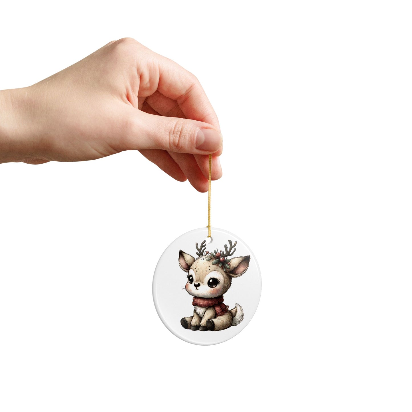 Cute Baby Reindeer Ceramic Ornament – Two-Sided Holiday Tree Decoration