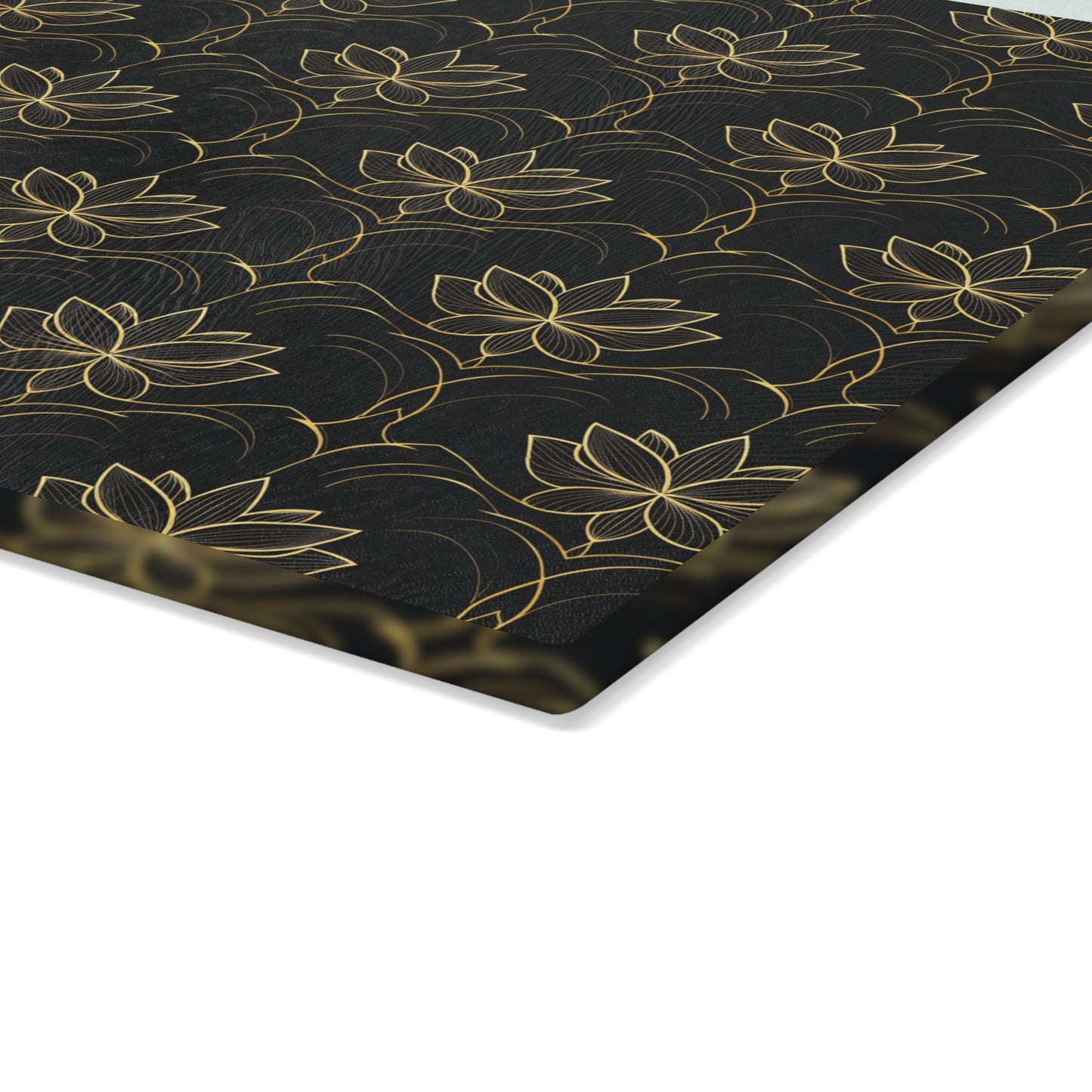 Lotus Pattern Glass Cutting Board — Elegant Black & Gold Kitchen Board