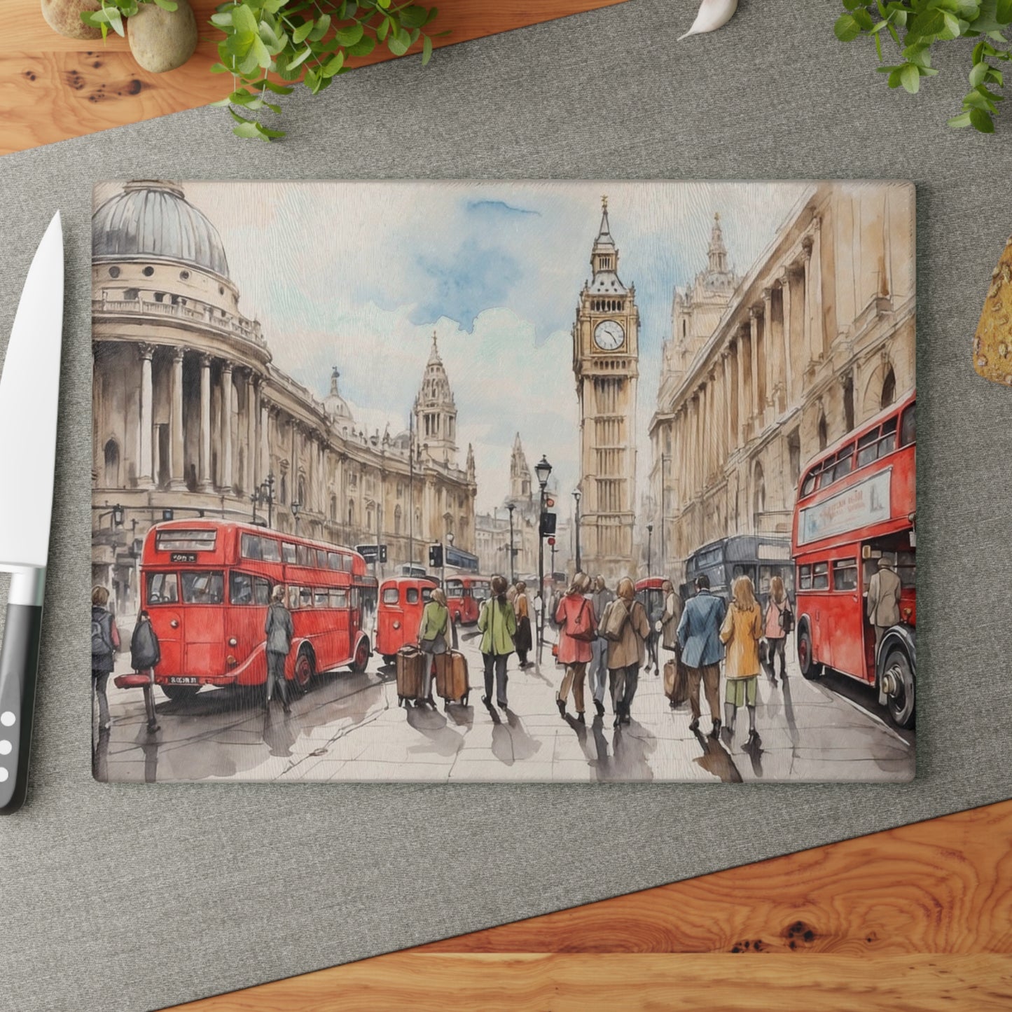 London-Themed Glass Cutting Board, Decorative Kitchen Gift, Unique Housewarming Present, London Souvenir, Culinary Art Decor