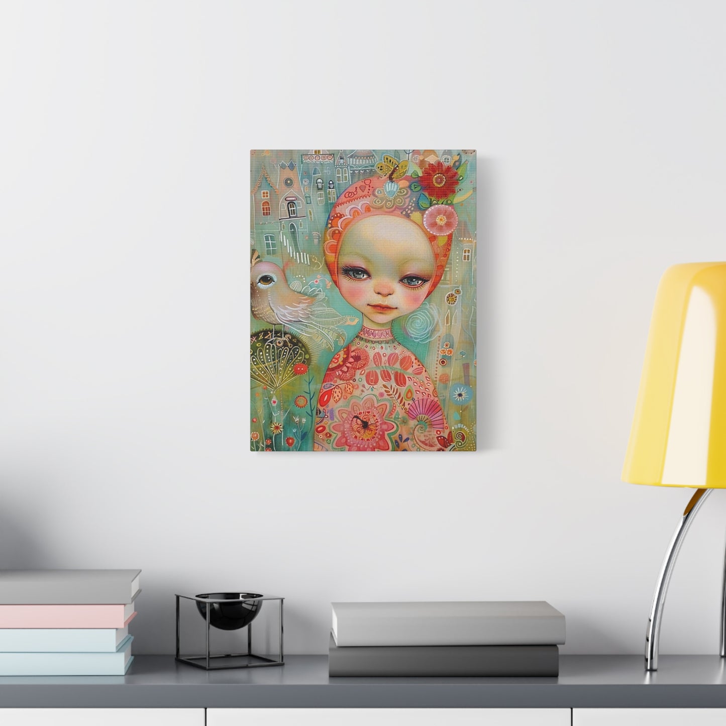 Whimsical Girl & Bird Matte Canvas Wall Art — Stretched Decorative Painting