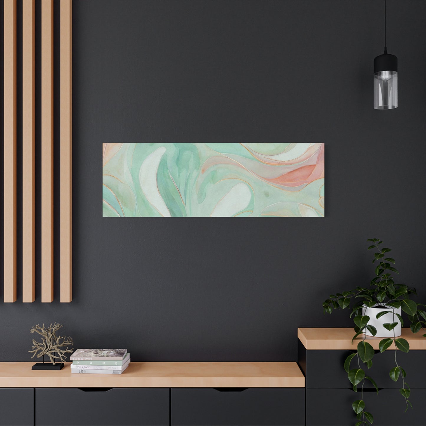 Abstract Green Marble Canvas Print — Teal & Coral Swirl Wall Art