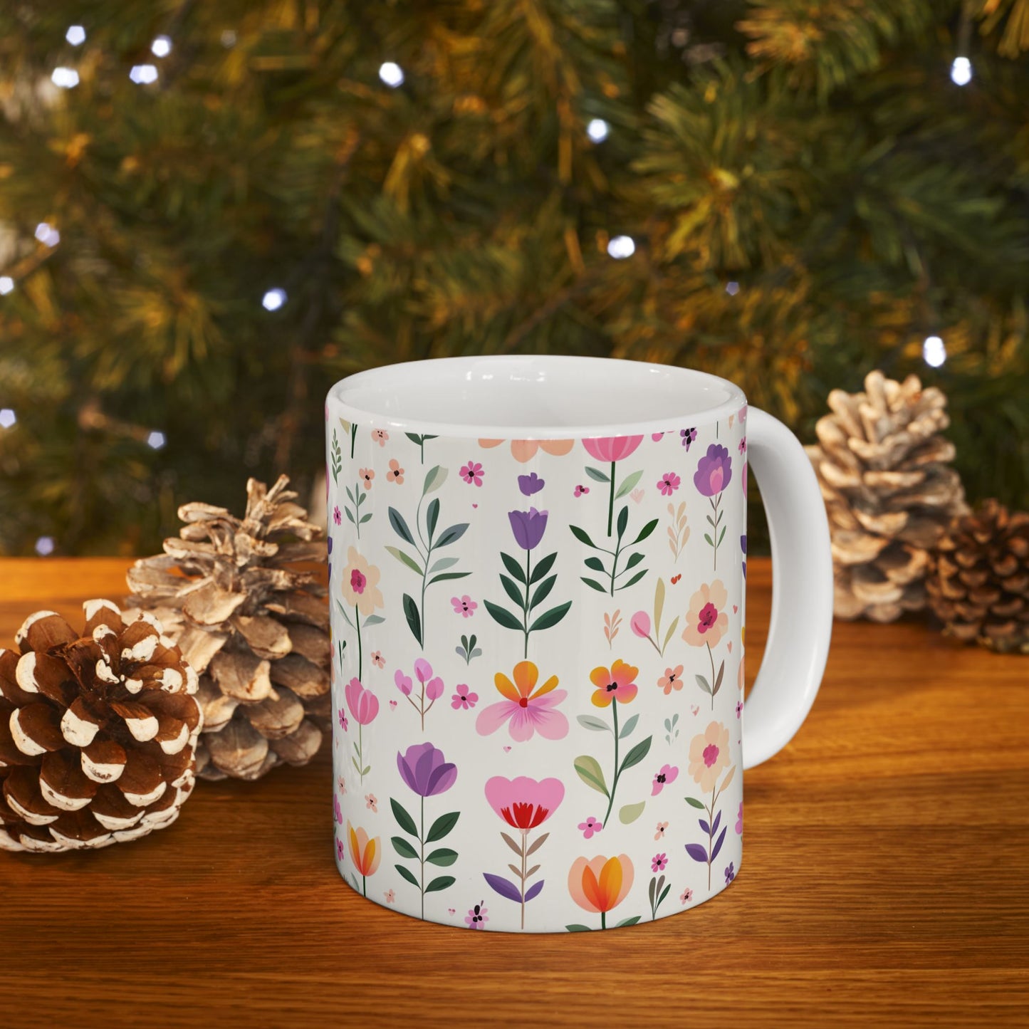 Floral Pattern Ceramic Mug — Pink Spring Flowers 11oz & 15oz