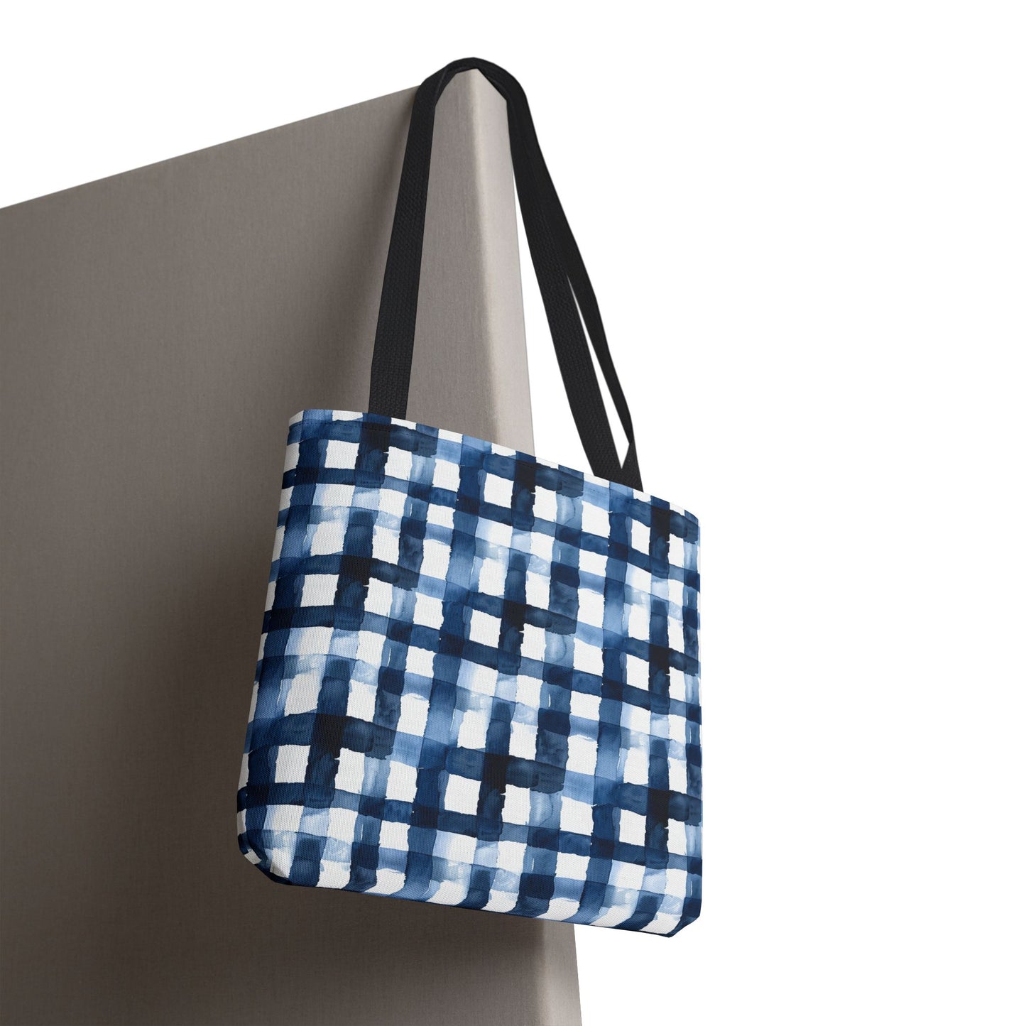 Blue Watercolor Plaid Tote Bag — Navy Check Pattern All-Over Print