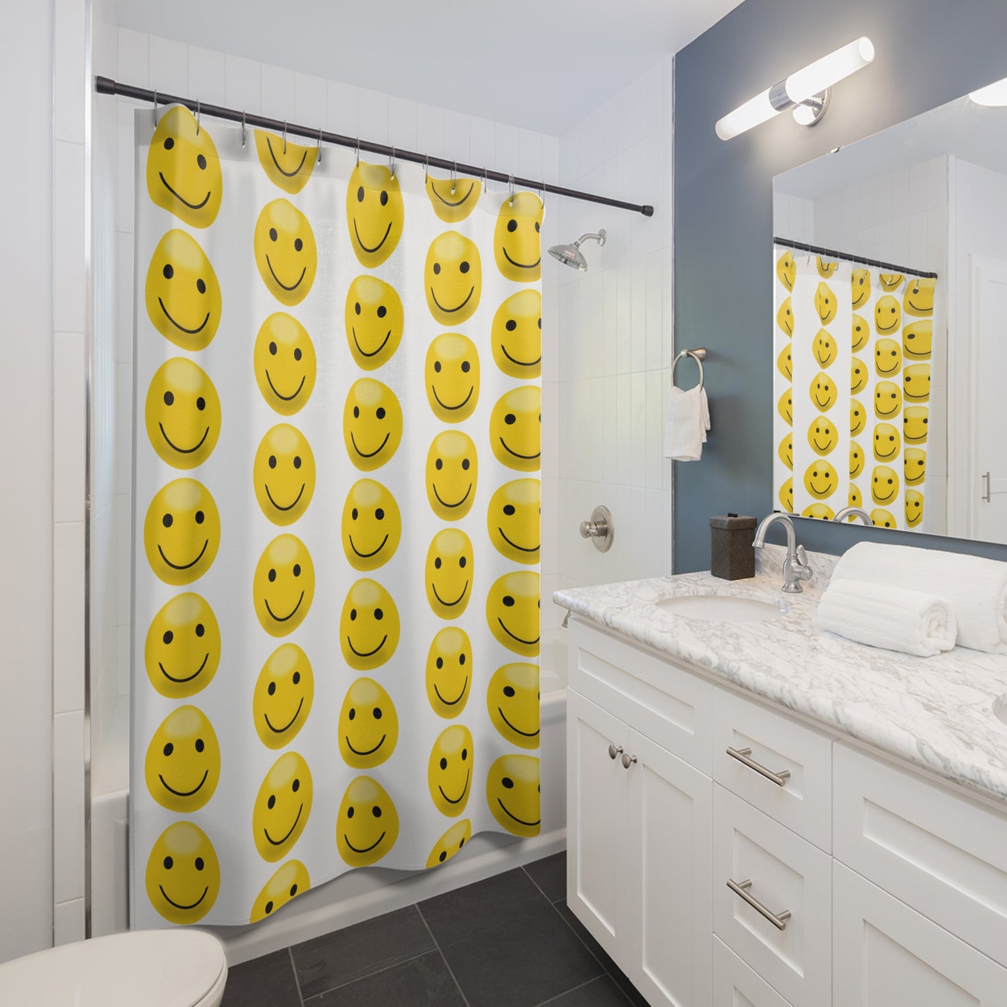 Cheerful Smile Emoji Shower Curtain | Happy Bathroom Decor, Gift for Kids, Home Accents, Birthday, Summer Vibes