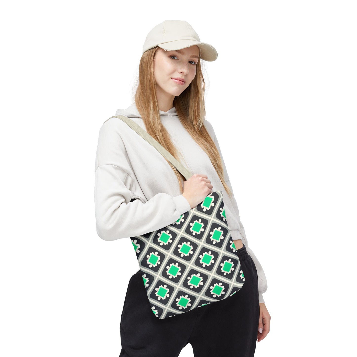Geometric Mint Tile Tote Bag — Patterned All-Over-Print Shopper