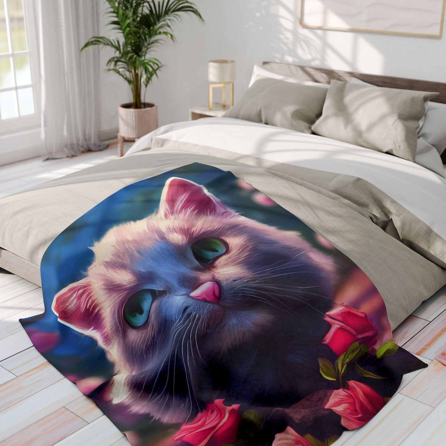 Cozy Cat-Themed Fleece Blanket, Cute Cat Gift, Floral Throw Blanket, Pet Lover Decor, Cat Lover Gift, Home Comforts