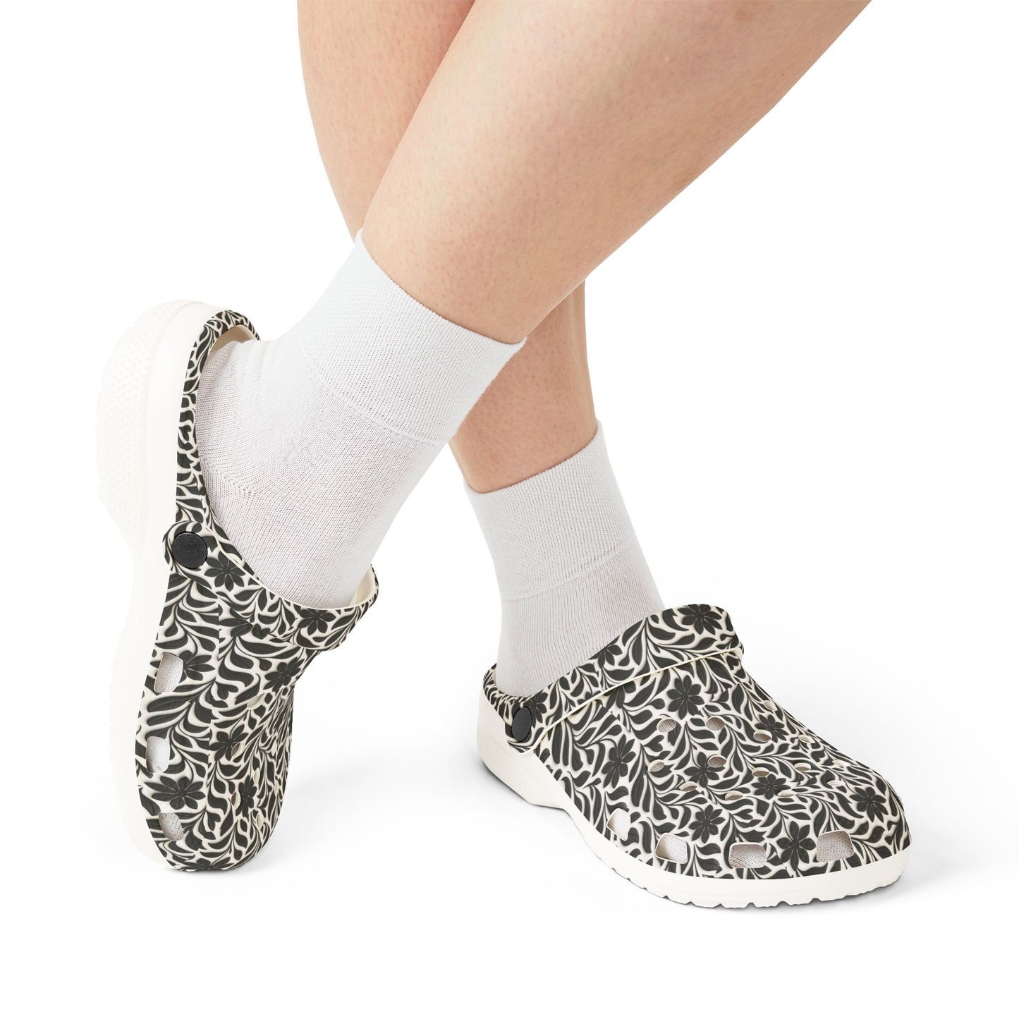 Floral EVA Foam Clogs — Lightweight Black & Cream Garden Pattern