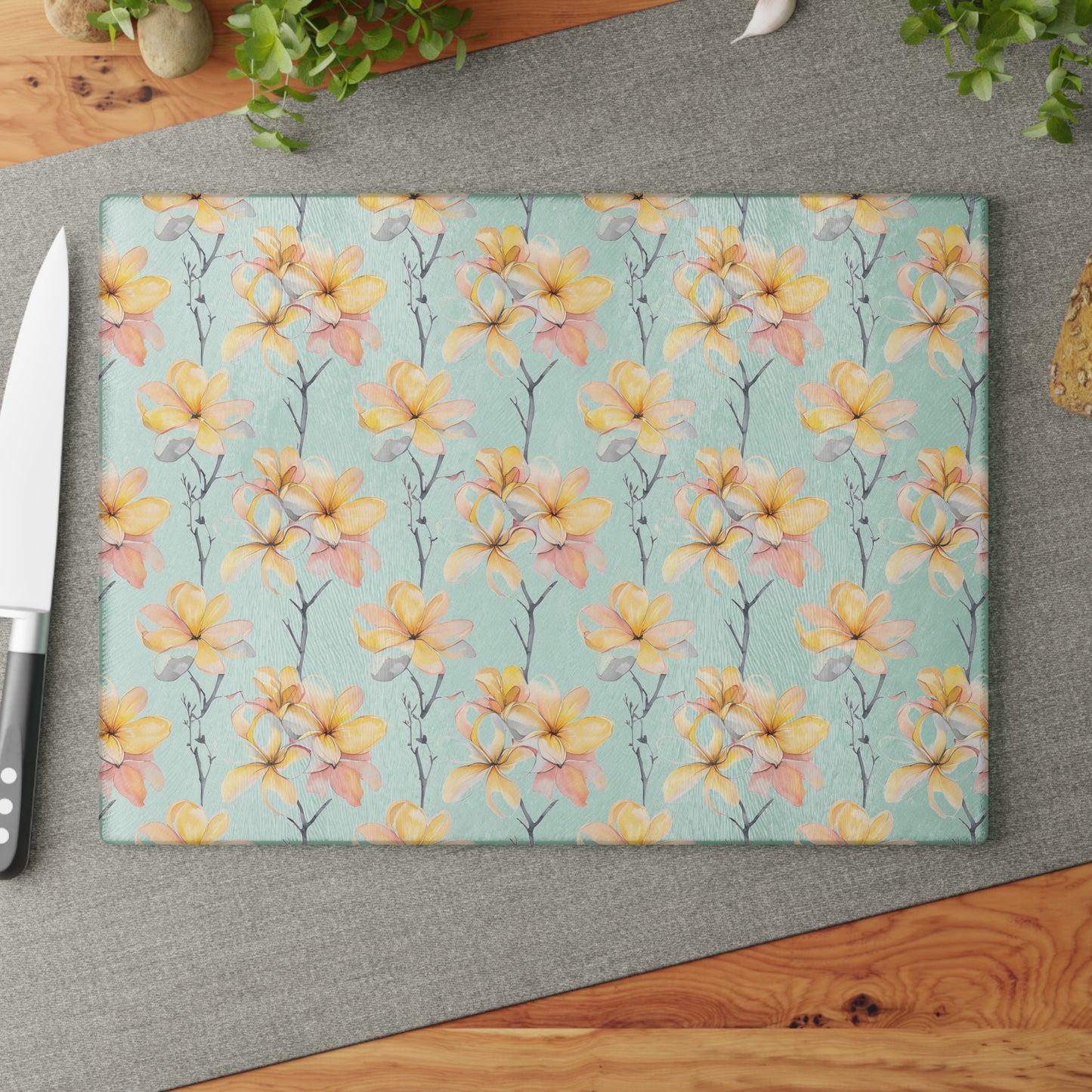 Floral Magnolia Glass Cutting Board — Pastel Yellow Blossom Kitchen Decor