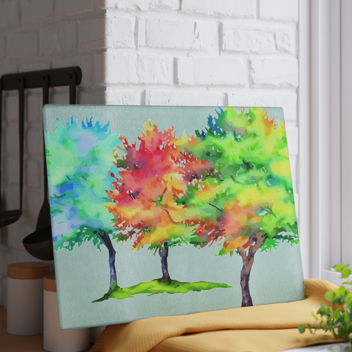 Glass Cutting Board — Colorful Watercolor Trees Kitchen Cutting Board