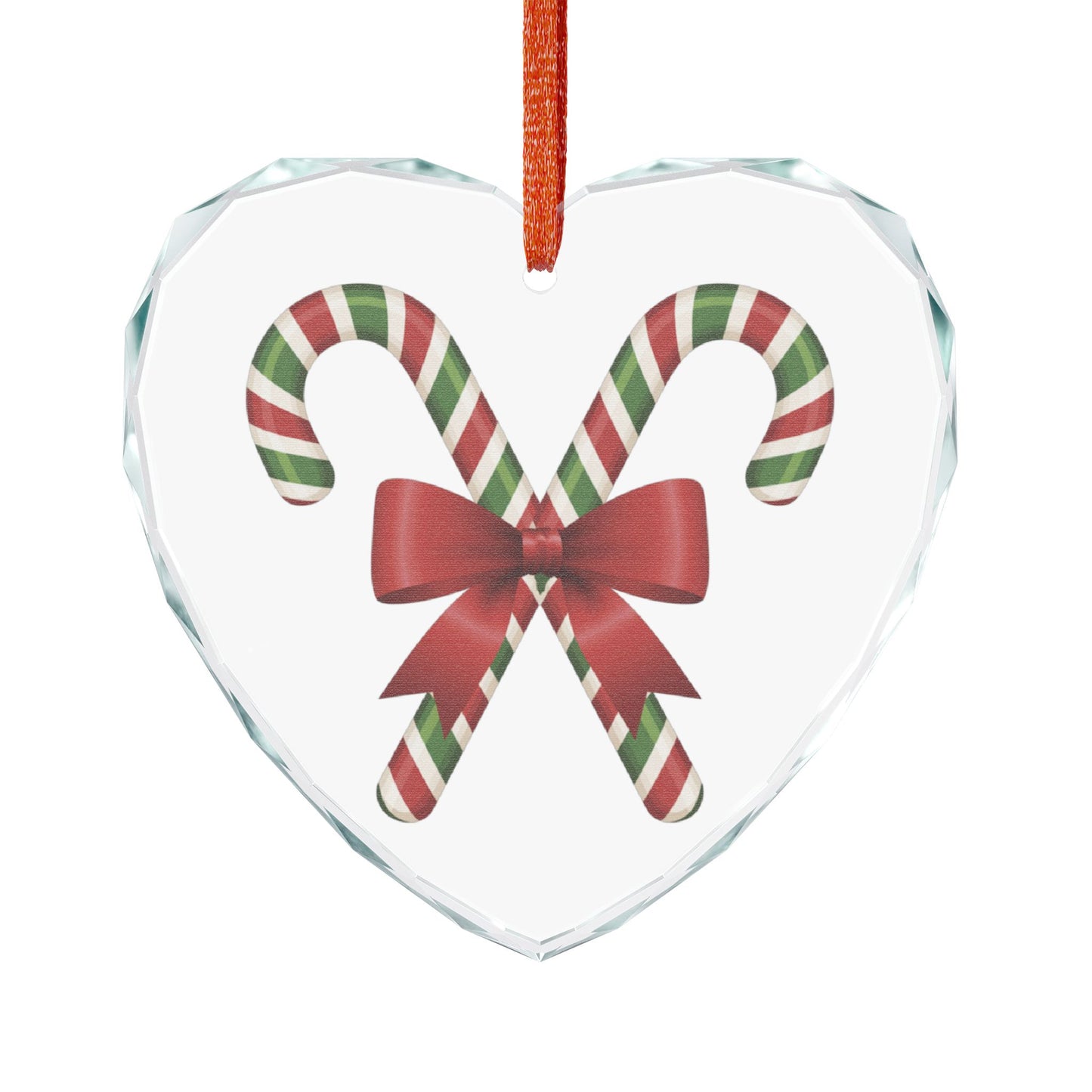 Candy Cane Bow Crystal Glass Ornament — Heart-Shaped Christmas Tree Decoration