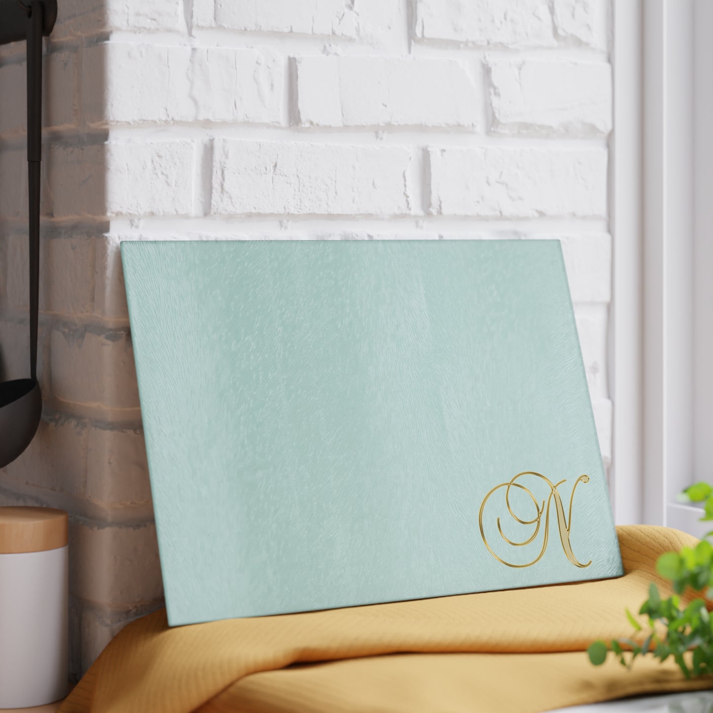 Monogram Glass Cutting Board — Mint or Clear Tempered Glass with Gold Script "N"