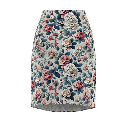 Floral Vintage Rose Pencil Skirt — Pastel All-Over Print