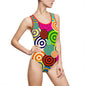 Vibrant Women's One-Piece Swimsuit with Colorful Circle Design, Summer Swimwear, Pool Party Outfit, Beachwear, Summer Fashion