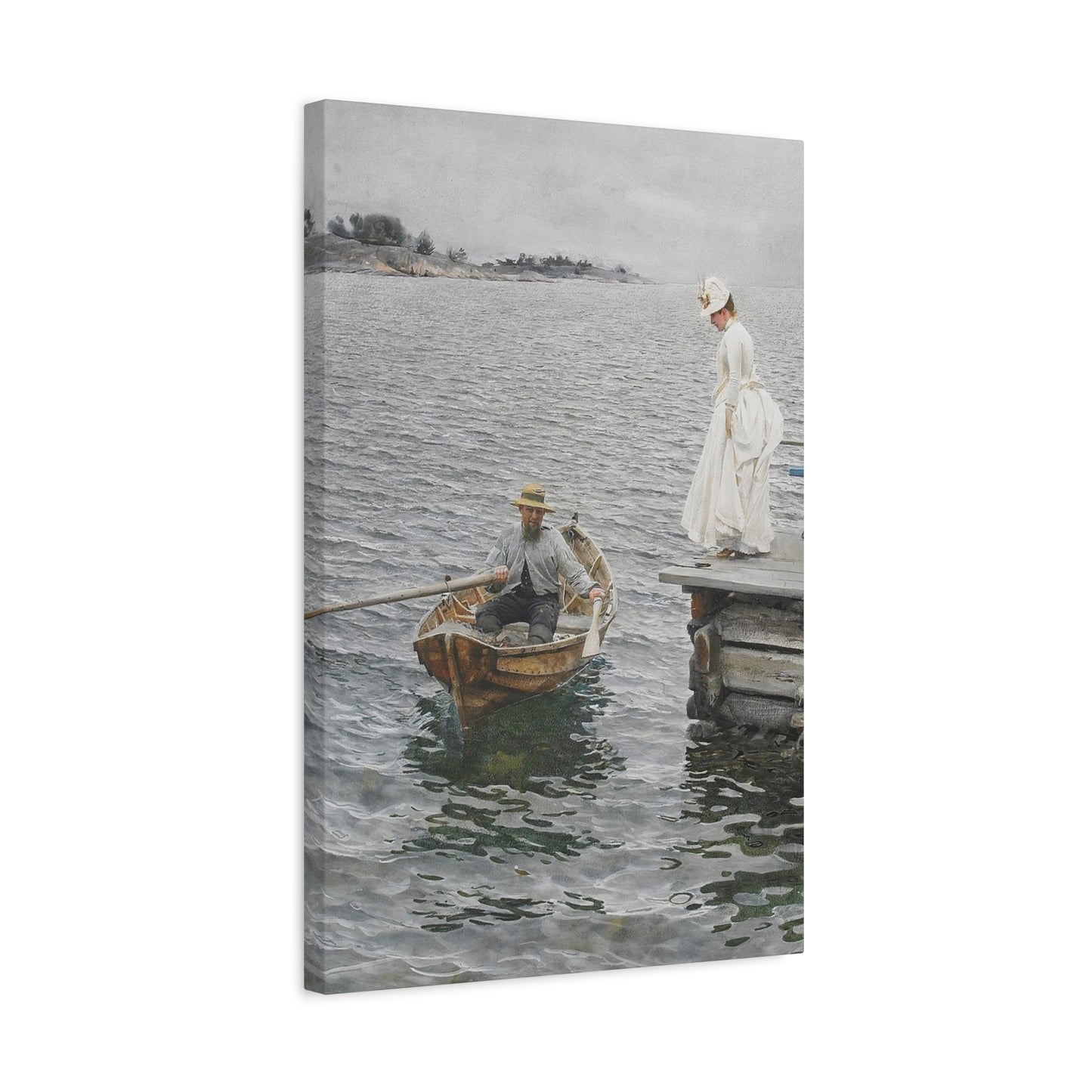 Seaside Stroll Canvas Print — Vintage Woman & Rowboat Matte Stretched Art 1.25"
