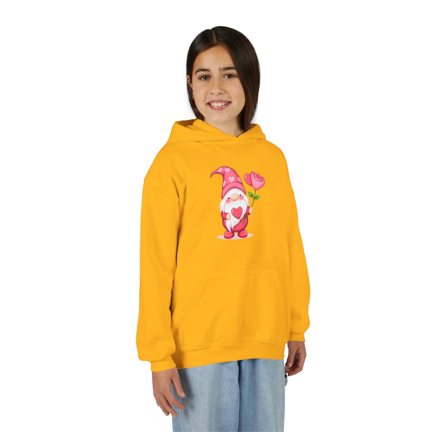 Valentine Gnome Kids Hoodie — Cute Pink Gnome Holding Rose Youth Sweatshirt