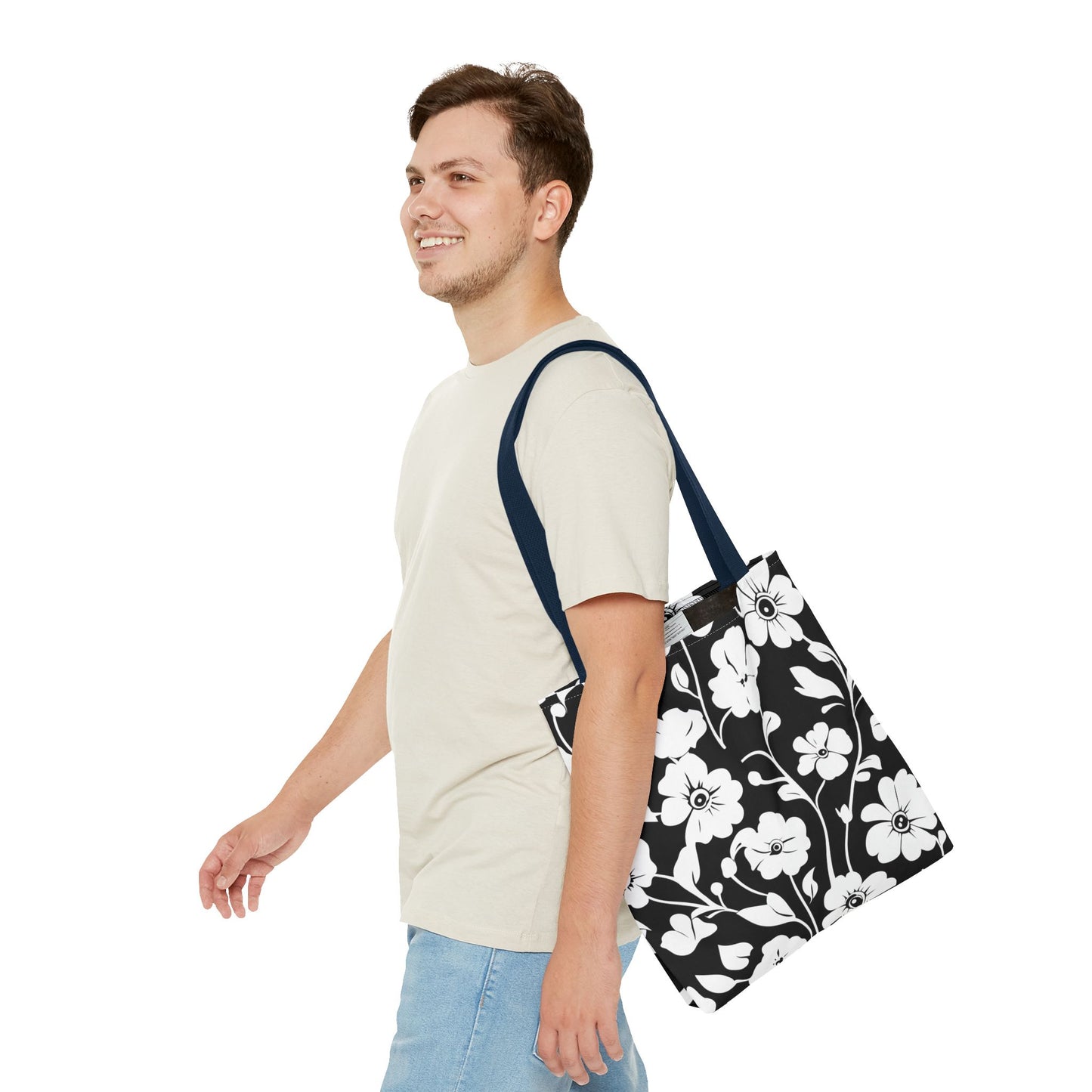 Elegant Floral Tote Bag, Black and White Tote, Eco-Friendly Shopping Bag